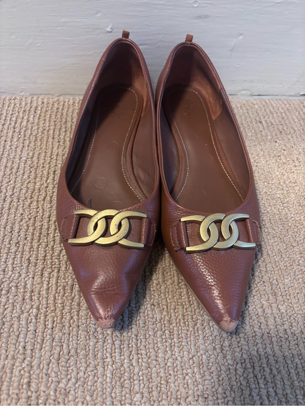 Brown Boden Pointed Toe Leather Flats with Gold Chain Accent